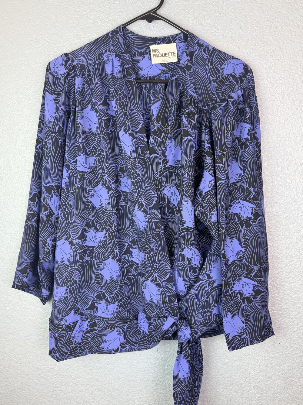 MS. Paquette Blouse Womens Small Blue Violet Floral Tie Front Sheer Top Made USA